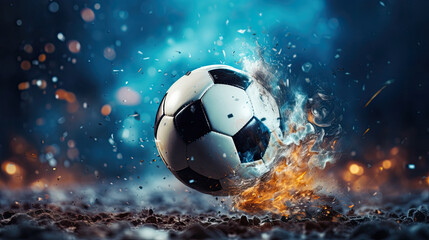 Wall Mural - Flying Soccer football splash of mud and fire on the ground