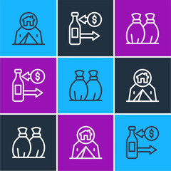 Poster - Set line Tourist tent, Garbage bag and Reception of glass bottles icon. Vector