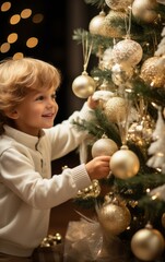 Wall Mural - Portrait of a little boy decorating a New Year's tree. The kid is smiling and wearing a white sweater.