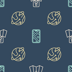 Poster - Set line Folded map with location marker, Satellites orbiting the Earth and City navigation on seamless pattern. Vector