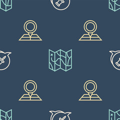 Poster - Set line Push pin, Folded map with location marker and on seamless pattern. Vector