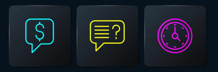 Poster - Set line Paid support, Clock and Unknown search. Black square button. Vector