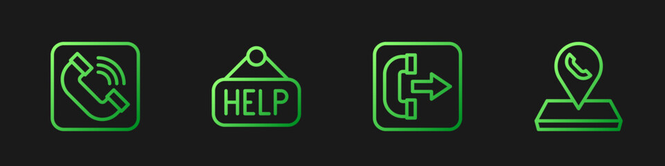 Poster - Set line Outgoing call phone, Telephone handset, Signboard with text Help and Call center location. Gradient color icons. Vector