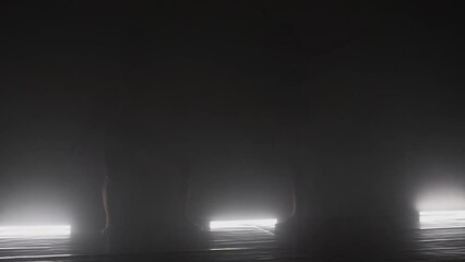 Wall Mural - Modern ballet dancers performing together on dark stage. Silhouette of couple of performers with smoke in the air.