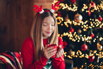 Wall Mural - Photo portrait of resting young teenager cute girl holding warm cup cacao stay alone in decorated living room for xmas vibe indoors