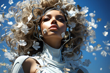woman in the white flowers with technological device, future concept