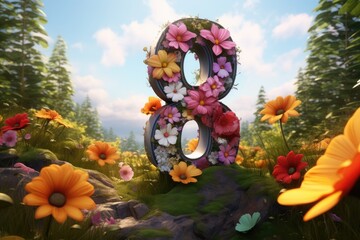 number 8 eight, on the background of flowers 8 march, happy womens day greeting banner