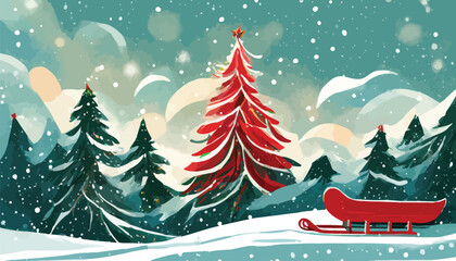 Naklejka na meble Christmas banner with a snow-covered tree and a red sled