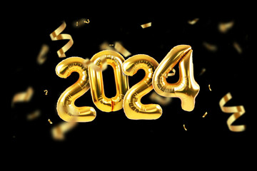 Wall Mural - Happy new year 2024 golden balloons with gold confetti on a black background. Luxury balloons 2024