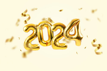 Wall Mural - Happy new year 2024 golden balloons with gold confetti on a beige background. Luxury Helium balloons 2024