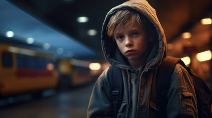 Sad lonely boy with a bag at the train station