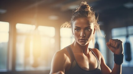 Wall Mural - Boxing Fitness: Woman Engaging in a Powerful Morning Workout, Training and Exercise for a Healthy Lifestyle