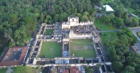 Poster - Abandoned Ruined Building Church in Antigua City in Guatemala. Drone Point of View. Sightseeing. Earthquake