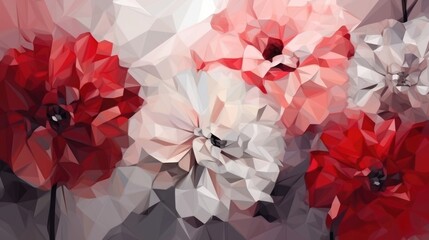 Poster - Gray-white-red abstract background of flowers in the style of low-poly graphics. AI generative.