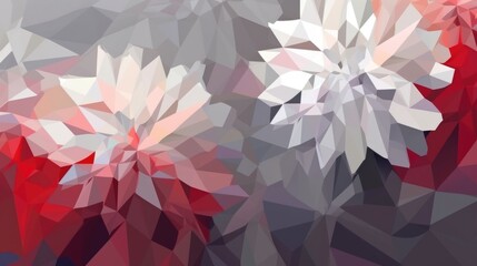 Poster - Gray-white-red abstract background of flowers in the style of low-poly graphics. AI generative.
