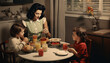 Vintage mother with her two daughters have breakfast at home. Monochrome, grunge textures, intentional styled to the 1950s Retro family concept background at home