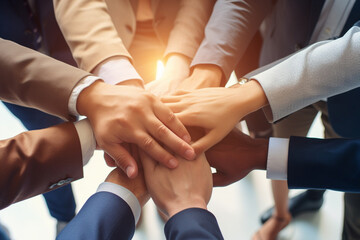 Wall Mural - A close up top view shot of multinational business people joining hands together, teamwork build up concept. Generative AI.