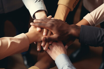 Wall Mural - A close up top view shot of multinational business people joining hands together, teamwork build up concept. Generative AI.