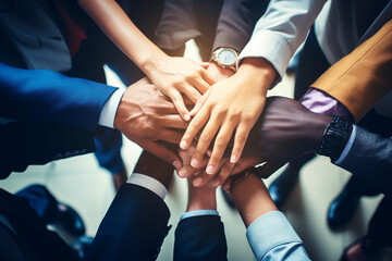 Wall Mural - A close up top view shot of multinational business people joining hands together, teamwork build up concept. Generative AI.