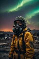Wall Mural - A woman wearing a gas mask and a military uniform against the background of destroyed buildings in the city of Northern lights at night. Post-apocalypse world.
