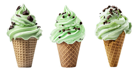 Wall Mural - Mint Chocolate Chip Soft Serve Ice Cream Set on Transparent Background