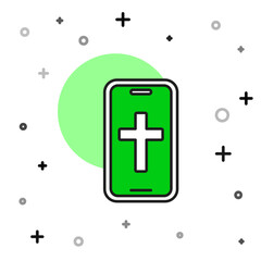 Sticker - Filled outline Christian cross on mobile phone icon isolated on white background. Church cross. Vector