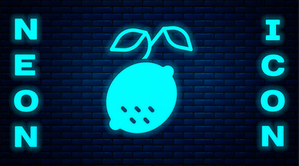 Poster - Glowing neon Lemon icon isolated on brick wall background. Vector