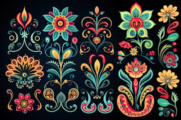  Vector set of indian paisley elements on black background. Vector set of ornate floral elements for design in Eastern style.