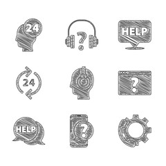 Wall Mural - Set Support operator in touch, Mobile phone with question, Telephone 24 hours support, Browser mark, Speech bubble text Help, and icon. Vector