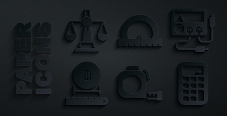 Poster - Set Roulette construction, Multimeter, voltmeter, Diameter, Calculator, Protractor and Scales of justice icon. Vector