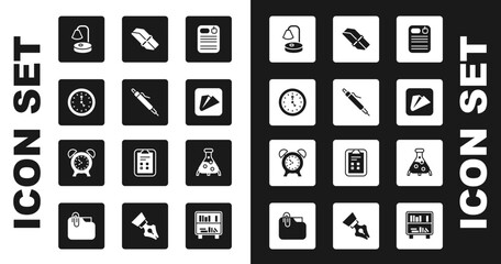 Poster - Set Dossier folder, Pen, Clock, Table lamp, Paper airplane, Eraser or rubber, Test tube and flask and Alarm clock icon. Vector