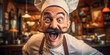 Exaggerated caricature portrait of a chef with an oversized hat, twirling a gigantic mustache
