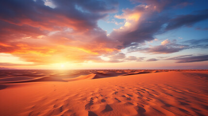 Sticker - Global warming concept. Lonely sand dunes under dramatic evening sunset sky at drought desert landscape