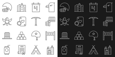 Sticker - Set line City landscape, Saloon door, Indian headdress with feathers, Calendar date July 4, Casino chip playing cards, Eagle, American football helmet and Pickaxe icon. Vector