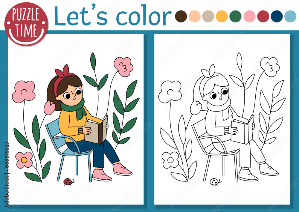 French themed coloring page for children with girl reading a book in ...