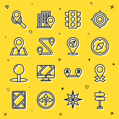 Poster - Set line Road traffic sign, Location, Compass, Traffic light, Route location, Search and icon. Vector