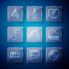 Poster - Set line Xylophone, Pan flute, Vinyl disk, Musical note, Headphones, tone, Triangle and Grand piano icon. Vector