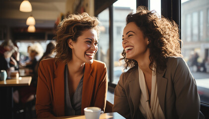 Two multiracial young women laughing and having fun. Overjoyed young multiethnic girlfriends have fun together. Smiling happy millennial diverse female friends laugh entertain. Diversity, 