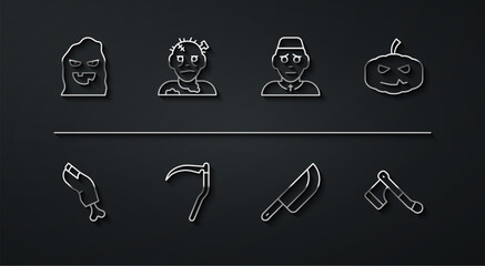 Wall Mural - Set line Funny and scary ghost mask, Zombie finger, Pumpkin, Knife, Scythe, Wooden axe and Priest icon. Vector