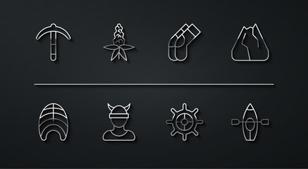 Sticker - Set line Pickaxe, Fish steak, Mountains, Ship steering wheel, Viking head, Lupine flower, Kayak and paddle and Socks icon. Vector