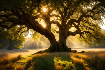 Canvas Print - old oak tree folliage in morning light with sunlight 