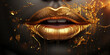 Sexy geöffneter Mund einer Frau mit Kupfer goldenen Lippenstift und großartigen Makeup in Nahaufnahme im Querformat für Banner, ai generativ
