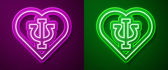 Wall Mural - Glowing neon line Psychology icon isolated on purple and green background. Psi symbol. Mental health concept, psychoanalysis analysis and psychotherapy. Vector