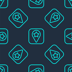 Poster - Green line Location for camping or tours and travels icon isolated seamless pattern on blue background. Vector
