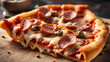 Delicious Supreme Pepperoni Pizza with Knife on Wooden Cutting Board for Ready To Eat Concept, Food Photography, Close up of gourmet pizza slice with melted mozzarella and meat