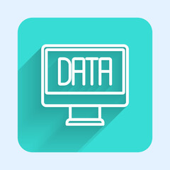 Poster - White line Data analysis icon isolated with long shadow background. Business data analysis process, statistics. Charts and diagrams. Green square button. Vector