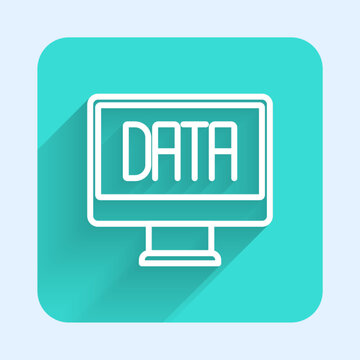 White line Data analysis icon isolated with long shadow background. Business data analysis process, statistics. Charts and diagrams. Green square button. Vector