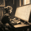 Vintage Frau aus 19. Jahrhundert vor Computer mit riesigen Bildschirm