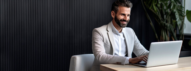 Professional businessman using laptop at office table, copy space