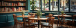 Third place style. cafe in bookstore. Hobby , learning and creative concept. room with large windows, tables , chairs and shelves with books.  banner